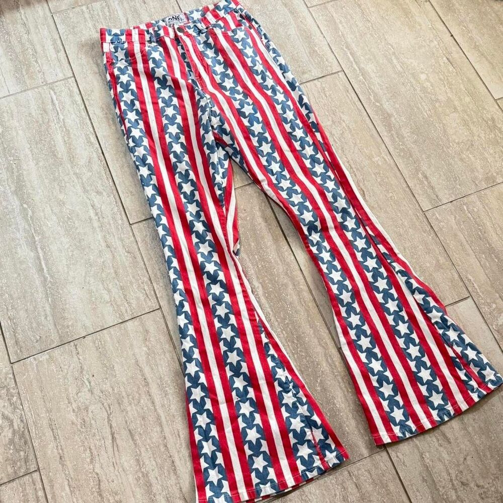 Vintage red blue Stars & Stripe American Flag Patriotic Flare Denim Jeans Sz 12